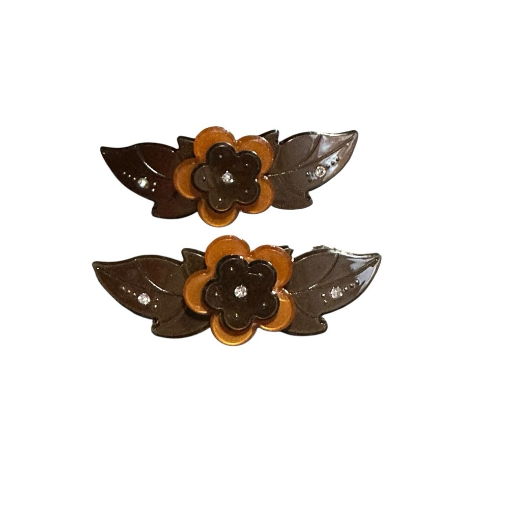 Brown Flower Floral Hair Clip Barrette Set of 2 Rhinestone Accents Brown Gold